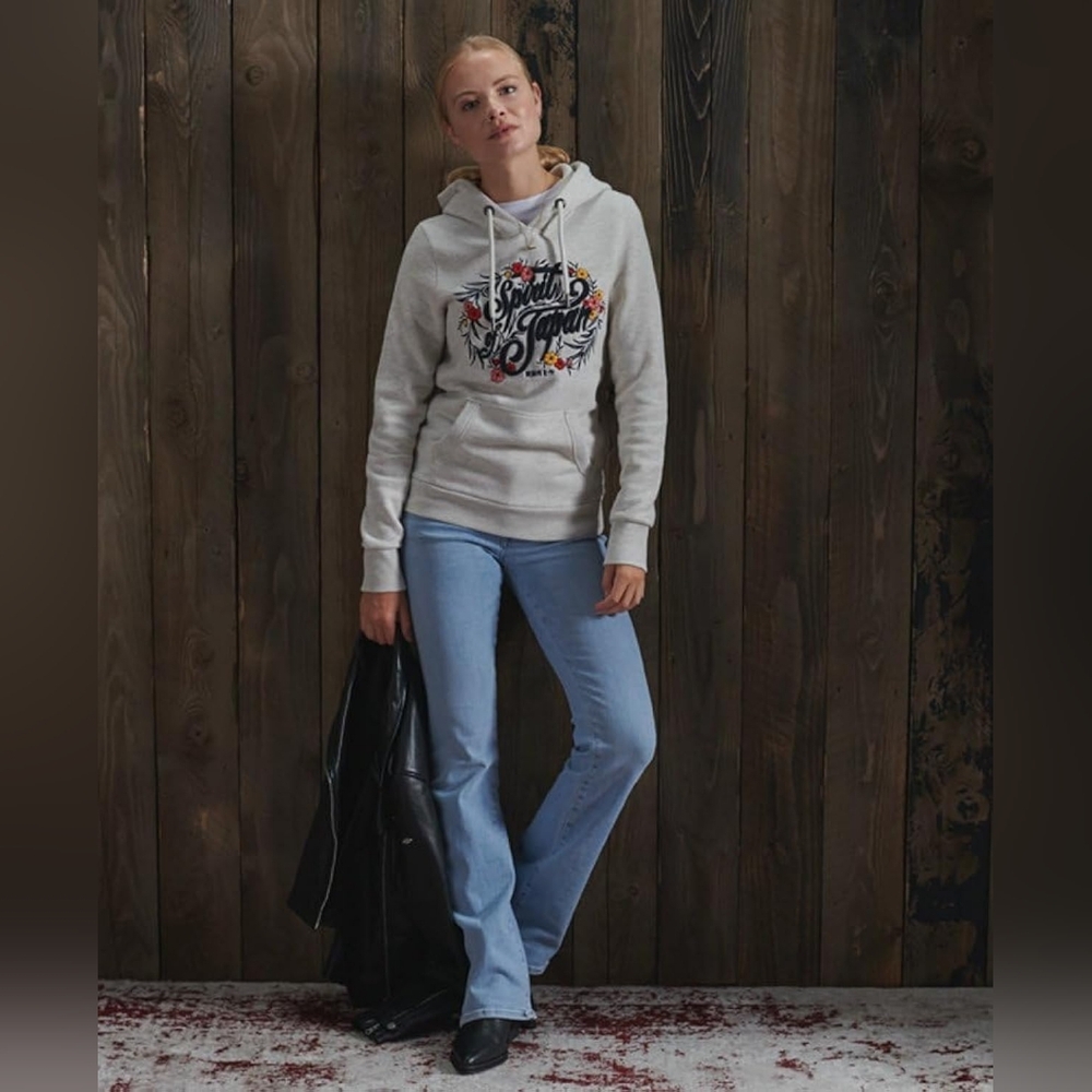 Superdry Spirit Of Japan Embroidered Floral Light Grey Graphic Hoodie